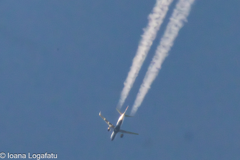 Airplane soaring through a clear blue sky above